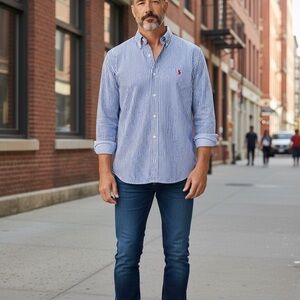 Ralph Lauren Blue and White Striped Casual Shirt Business 100%Cotton